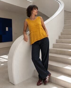 Kim Rogers Golden Mustard Pleated Tiered Sleeveless Top Size M NWT